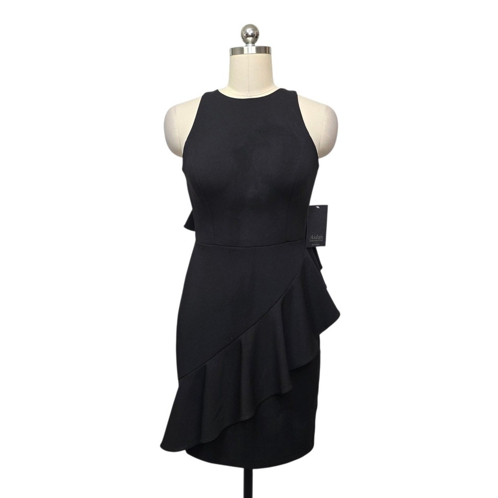 Aidan Mattox Black Scuba Crepe Flounce Open Back Dress MN1E203247 Size 4